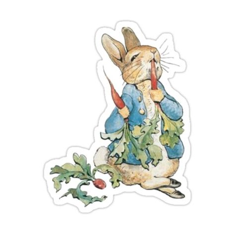 Decorate laptops, Hydro Flasks, cars and more with removable kiss-cut, vinyl decal stickers. Glossy, matte, and transparent options in various sizes. Super durable and water-resistant. Peter Rabbit enjoying his carrot Big Easter Eggs, Garden Hat, Rabbit Eating, Benjamin Bunny, Gardening Hat, Graphic Design Resources, Baby Scrapbook, Beatrix Potter, Peter Rabbit