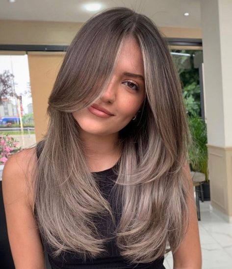 Light Brown Hair with Ash Facial Framing Ash Grey Balayage Straight Hair, Ash Brown Gray Balayage, Hair Color Ideas For Brown Hair Ombre, Mushroom Brown Balayage Hair, Sandy Balayage Brown Hair, Ash Brown Hair Ombre, Light Ashy Brown Hair Balayage, Neutral Tone Brown Hair, Balayage Hair Ash Grey