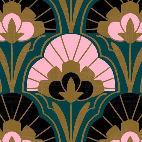 Tara Reed on Instagram: "One more Art Deco floral 💫 this one is for the “1920’s wallpaper” Spoonflower challenge. This was a really great challenge for me- it was fun researching the time period✨🖤 . . . . . . . . . #spoonflower #spoonflowerchallenge #wallpaperdecor #wallpaper #artdeco #artdecowallpaper #femaleillustrator #femaleartist #floralillustration #floralart #homedecor #wallpaperdesign #spoonflowerfabric" Modern Art Deco Colors, Art Deco Inspired Wallpaper, Art Deco Floral Wallpaper, Art Deco Floral Design, Modern Art Deco Aesthetic, Art Deco Prints Pattern, 1920s Patterns Art Deco, Art Deco Flowers Illustration, Artdeco Art Design