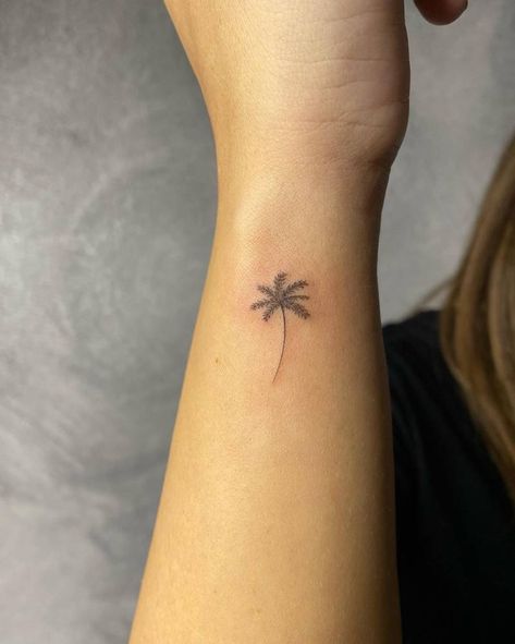 Single needle palm tree tattoo on the wrist Palm Tree Tattoo Side Of Wrist, Small Palm Tree Tattoo Wrist, Palm Tree Tattoo On Wrist, Wrist Palm Tree Tattoo, Palm Tree Wrist Tattoo, Palm Tree Wrist Tattoos For Women, Palm Tree Fine Line Tattoo, Sri Lanka Tattoo Ideas, Mini Palm Tree Tattoo