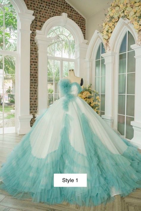 Puffy tiered skirt teal/turquoise ball gown wedding dress with train and ruffles Turquoise Ball Gown, Teal Wedding Dress, Teal Ball Gown, Ball Gown Wedding Dress With Train, Turquoise Wedding Dresses, Ballgown Dresses, Wedding Dress With Train, Dress With Train, Turquoise Wedding