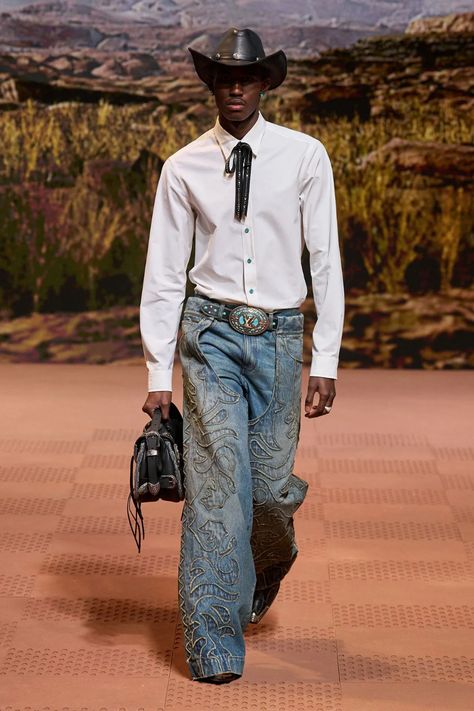 The Spring/Summer 2025 menswear cheat sheet | Vogue Business Rodeo Outfits Men, Trajes Country, Cowboy Costume, Rodeo Outfits, Men Fashion Show, Cowboy Outfits, Gareth Pugh, Street Fashion Men Streetwear, Mens Outfit Inspiration