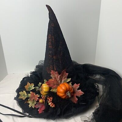 Emily Way Hats Black Lace Witches AKA Fall Goddess Pumpkin Tulle Steampunk Hat | eBay Black Tulle Halloween Decor, Witch Hats Decorations, Autumn Witch Hat, Fancy Witch Hat, Witch Hat Decorating Ideas, Witches Hats Decorations, Decorated Witches Hats, Cute Witch Hats, Mannequin Halloween