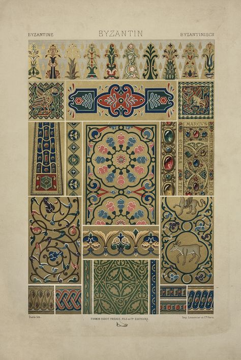 "Byzantin," Auguste Racinet, c. 1880, chromolithograph. Racinet (1825-1893) was known for covering the world history of costume, design, and style from antiquity through the end of the 19th century. His "Handbook of Ornaments," published c. 1880, was one of the greatest grammar of ornament style works of the second half of the 19th century. It included plates showing jewelry, tiles, stained glass, manuscripts, textiles, ceramics, and more. Byzantine Pattern Design, Byzantine Aesthetic, Byzantine Ornament, Greece Tattoo, Grammar Of Ornament, Byzantine Art, Wood Engraving, Pattern And Decoration, 12th Century