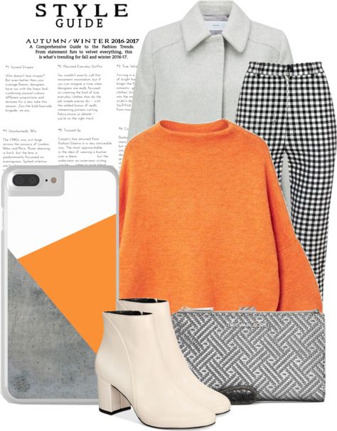 An elegant winter outfit that combines a cozy gray coat with black and white plaid pants and  a cute orange sweater. #orangeoutfit #orangesweater #plaidpants #sweaterweather #winteroutfits #ootd #outfitoftheday #fashion #whattowear #getthelook Orange Sweater Outfit Winter, White Pants Outfit Winter, Orange Sweater Outfit, Sweater Outfit Winter, Plaid Pants Outfit, Sweater Plaid, White Pants Outfit, Winter Sweater Outfits, Winter Pants Outfit