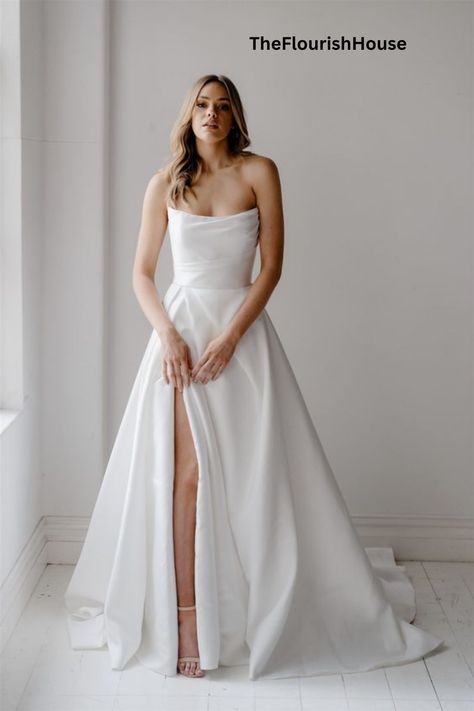 Split Skirt Wedding Dress, Square Strapless Wedding Dress, Scoop Strapless Wedding Dress, Layered Strapless Wedding Dress, Strapless Scoop Neckline, Bride Dress Strapless, Strapless Wedding Dress Satin, Scooped Neckline Wedding Dress, Ballgown Satin Wedding Dress