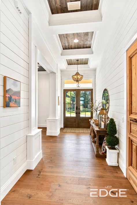 Waynes Coating And Shiplap, White Shiplap Walls With Stained Wood Trim, White Shiplap With Wood Trim, Shiplap Hallway Entryway, Nickel Gap Ceiling, White Shiplap Foyer, Rustic White Shiplap Wall, Shiplap Entire House, Shiplap Foyer Entryway