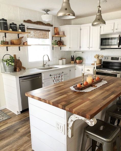 Wooden Counter Tops, Boho Farmhouse Kitchen, Wooden Counter, Kitchen Farmhouse, Boho Farmhouse, Boho Kitchen, Spring Boho, Modern Farmhouse Kitchens, Kitchen Redo