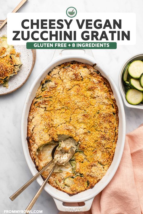 Calling all zucchini lovers! This Cheesy Vegan Zucchini Gratin is drenched in creamy cashew cheese and topped with crispy cornmeal breadcrumbs! Gluten-Free, Oil-Free. Vegan Zucchini Recipes, Zucchini Gratin, Vegan Casserole, Zucchini Casserole, Vegan Zucchini, Vegan Entree, Cashew Cheese, Vegan Side Dishes, Vegan Appetizers