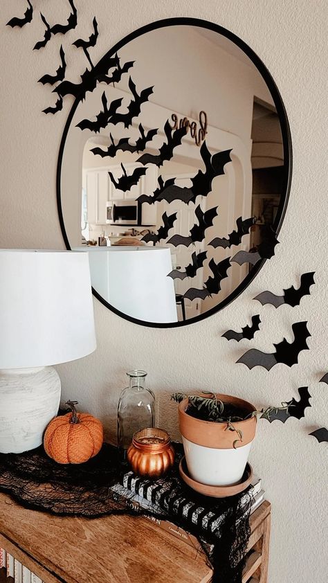 Bats On Window Decor, Bats On Mirror Halloween, Halloween Mirror, Bat Decorations, Halloween Bat Decorations, Background Halloween, Halloween Bathroom, Bats Halloween, Halloween Background