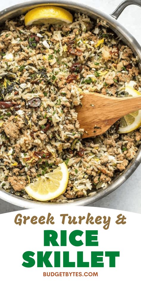 Greek Turkey and Rice Skillet - One Pot Meal - Budget Bytes Mediterranean Turkey Skillet, Greek Turkey And Rice, Clean Ground Turkey Recipes For Dinner, Greek Skillet Dinner, Ground Turkey Kafka, Turkey Mediterranean Recipes, Mediterranean Diet Recipes With Ground Turkey, Mediterranean Recipe With Ground Turkey, Mediterranean Diet Ground Turkey Recipes