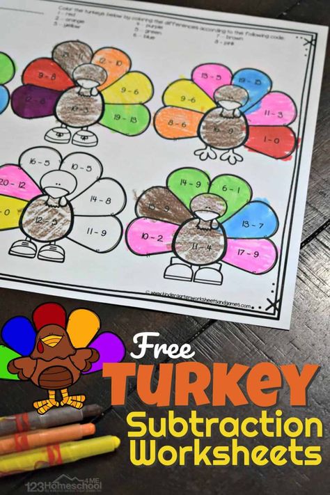 FREE FREE Turkey Subtraction Worksheets - fun, hands on educational activity to help kindergarten and first grade kids practice math while having fun with a turkey theme for Thanksgiving #thanksgiving #kindergarten #subtraction Kindergarten Subtraction, Thanksgiving Math Worksheets, Turkey Math, Thanksgiving Activities For Kindergarten, Turkey Theme, Children Ministry, Thanksgiving Games For Kids, Thanksgiving Worksheets, Thanksgiving Kindergarten