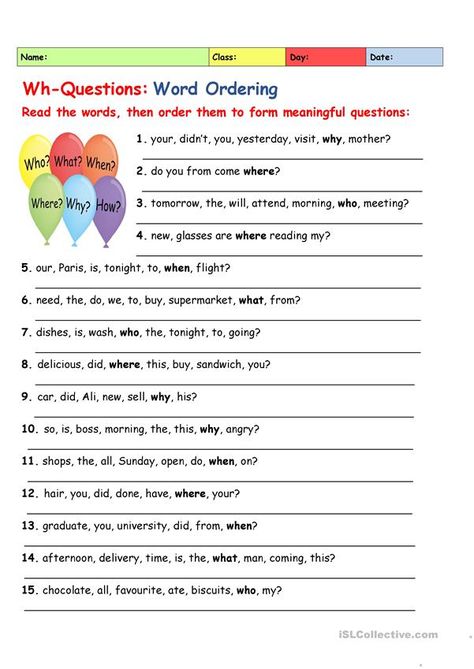 Free Printable Multiplication Worksheets, Word Order, Nouns Worksheet, 1st Grade Writing, English Exercises, English File, Verb Worksheets, Grammar Practice, Wh Questions