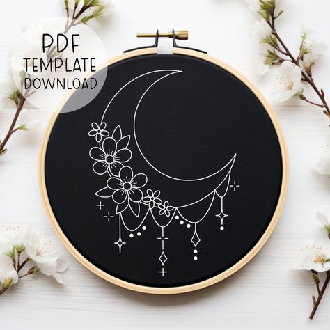 Moon Flowers Embroidery Pattern Instant Download, Pretty Moon Embroidery Design Modern Floral Embroidery Stars Embroidery Pattern PDF Modern Floral Embroidery, Moon Embroidery Design, Celestial Embroidery, Flowers Embroidery Pattern, Stars Embroidery, Pretty Moon, Moon Embroidery, Cat Lover Birthday, Moon Flowers