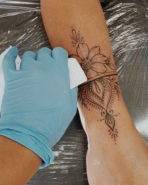 Hand To Forearm Tattoos For Women, Mandala Tattoo Wrist For Women, Boho Wrist Tattoo, Forearm Mandala Tattoo Women, Wrist Forearm Tattoos, Wrist Mandala Tattoos For Women, Feminine Forearm Tattoos For Women, Small Tattoos Forearm, Scar Tattoos Women