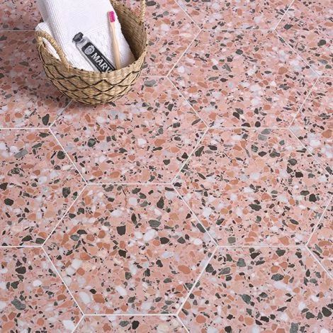 Pisa Porcelain Earth Tiles Pink Terrazzo Floor, Large Hexagon Tile, Porcelain Hexagon Tile, Bathroom Pink, Pink Terrazzo, Terrazzo Floor, Terrazzo Tiles, Unique Tile, Terrazzo Flooring