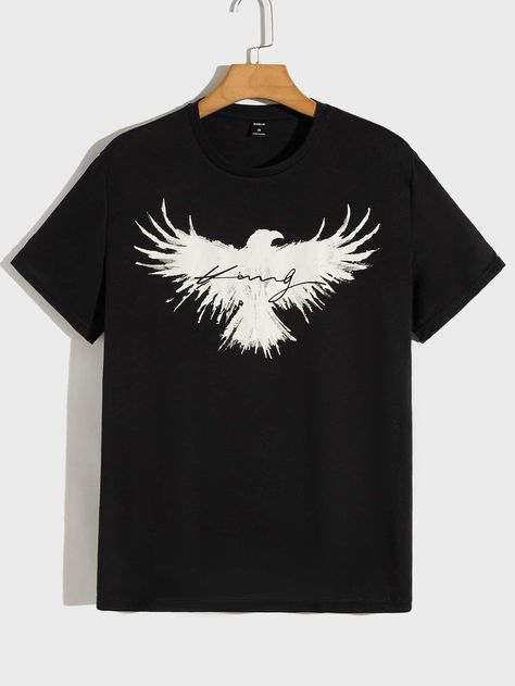 Black Casual  Short Sleeve Polyester Animal,Letter  Embellished Slight Stretch Summer Men Tops T Shirt Design Ideas Creative, Trendy Chic Outfits, Eagle Print, T Shirt Painting, Tshirt Design Men, Graphic Tshirt Design, Painted Clothes, Tee Shirt Designs, Men Tops