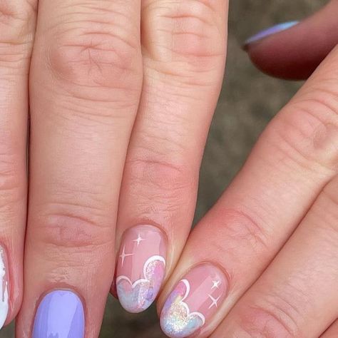 Charlotte on Instagram: "DISNEY NAILS✨💜🧚🪄 . My lovely friend surprised her children yesterday with a trip to Disney World!! 🥰 I’m so excited for her to make such special memories with her family 💜✨ . . #disneycastlenails #Disney #disneynails #flax #shelleychrome #tinkerbell #tinkerbellnails #mickeymouse #mickeymousenails #nails #disneynailinspo #nailsofinstagram #nailinspo #nailsfordisney" Disney Nails Tiana, Stitch Nails Disney Short, Colourful Disney Nails, Disney Nails Sparkle, Sparkle Disney Nails, Disney Nail Inspo Almond, Disney Pastel Nails, Unique Disney Nails, Disney Nails Summer