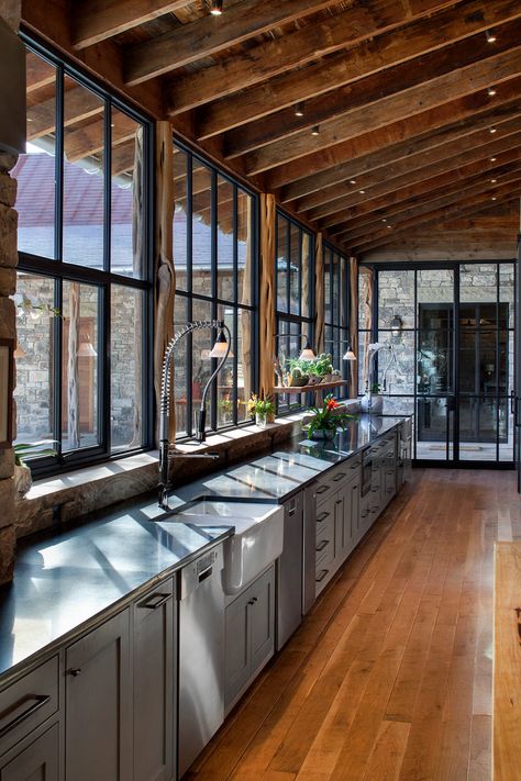 GRAND LODGE - Rustic - Kitchen - Austin - by Rehme Steel Windows & Doors | Houzz Dapur Rustic, Industrial Farmhouse Living Room, Rustic Kitchen Cabinets, French Industrial, Rustic Kitchen Design, Industrial Kitchen, Large Kitchen, Stainless Steel Appliances, Barn House