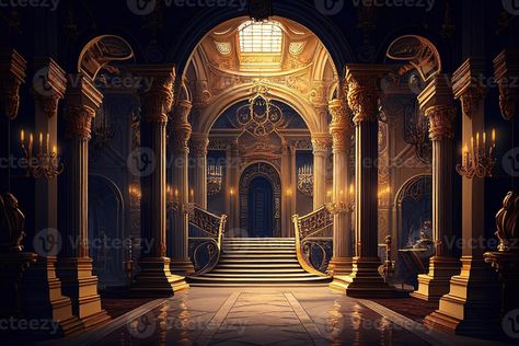 Fantasy palace interior with golden decor and castle. . Digital Art Illustration Castle Background Drawing, Inside Castle Background, Fantasy Palace Interior, Castle Digital Art, Fantasy Palace, Inside Castle, Golden Castle, Inside Castles, Castle Background