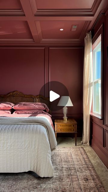 Waffle Ceiling, Burgundy Bedroom, Ceiling Crown Molding, Moody Bedroom, Ceiling Treatments, Crown Moulding, Trim Work, Romantic Bedroom, Paint Colour