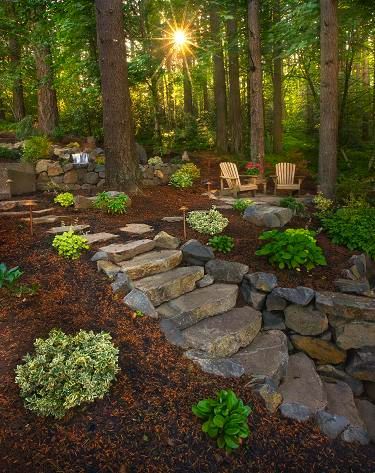 Wooded Backyard, Garden Pallet, Stone Steps, Rock Garden Landscaping, Pallet Garden, Garden Fairy, Garden Yard Ideas, Woodland Garden, Garden Pathway