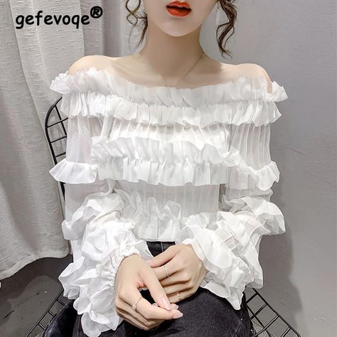 Women Ruffle Blouse, Ladies Chiffon Shirts, Women Chiffon Blouse, Straight Clothes, Frill Tops, Ruffle Shirt, Chiffon Ruffle, Loose Outfit, Elegant Chic