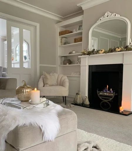 Cornforth White Farrow & Ball - Natalie Gisborne Cornforth White Farrow And Ball, Cornforth White Living Room, Cosy Grey Living Room, Farrow And Ball Living Room, Boucle Chair, Cornforth White, Purbeck Stone, Wooden Window Frames, Sitting Rooms