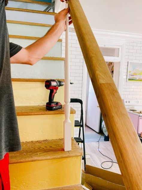 How To Install Banister Railings, Installing Stair Railing, How To Install Stair Railing, Install Stair Railing, Diy Stair Railing Makeover, Diy Staircase Railing, How To Make Stairs, Craftsman Staircase, Refinish Stairs