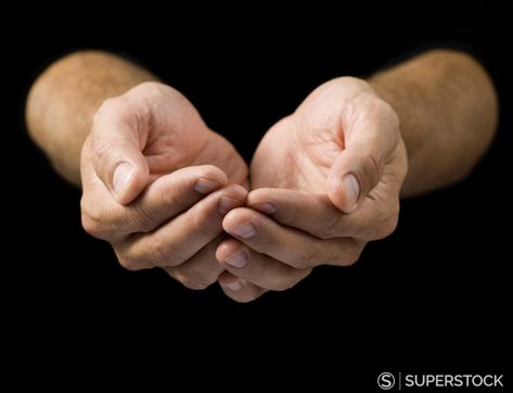 Close-up of a man's cupped hands - Superstock Offering Hands Drawing, Cupped Hands Pose Reference, Cupping Hands Drawing, Hands Holding Something Drawing Reference, 100 Hands Challenge Reference, Holding Hands Out Reference, Hands Held Out, Person Looking At Their Hands, Cupped Hands Reference Side View