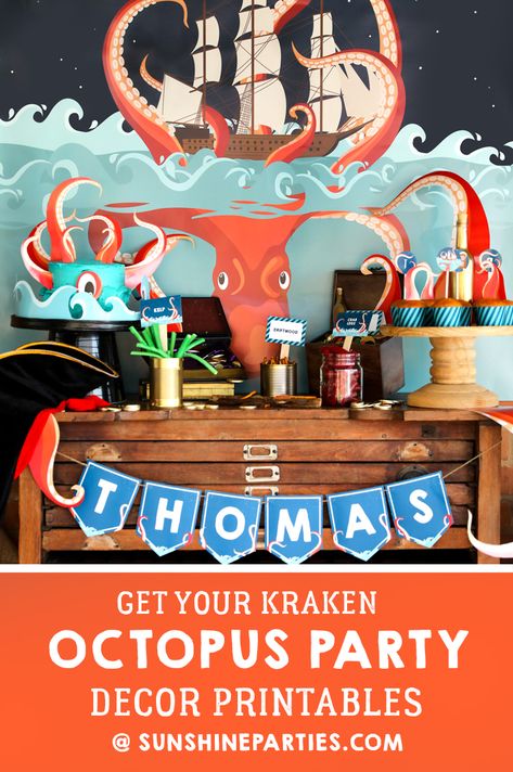 Kraken Sea Monster Party Printables Set | Printable Octopus Party Set | Party ideas For boys Kraken Party Ideas, Kraken Theme Party, Octopus Decoration Party, Octopus Party Ideas, Sea Monster Party, Kraken Birthday Party, Kraken Party, Octopus Birthday, Kraken Sea Monster