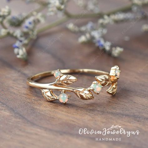 Natural Opal Leaf Wedding Band Women Unique Wedding Ring Vine Stacking Matching Ring Yellow Gold Dainty Wedding Band Vintage Leaf Ring - Etsy Gold Leaf Wedding Ring, Opal Leaf Ring, Wedding Rings Leafy, Ivy Wedding Band, Leaves Wedding Band, Adjustable Wedding Ring Jewelry, Weddjng Rings, Adjustable Gold Opal Ring For Wedding, Adjustable Wedding Ring