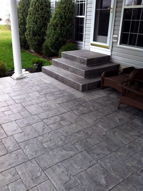 Dark Gray Stamped Concrete Patio, Mediterranean Hardscape, Stamped Sidewalk, Raised Concrete Patio, Stamped Concrete Steps, Stained Concrete Driveway, Decorative Concrete Driveways, Backyard Concrete, Concrete Stamping