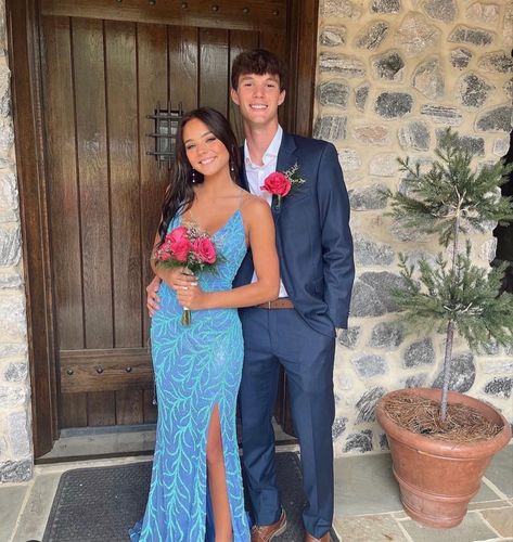 Gray Suit Prom Couple, Prom Pic Ideas For Couples Cute Pictures, Prom Date Outfits Matching, Prom Couples Blue Dress, Blue And Orange Prom Couple, Bf Gf Prom Pics, Light Blue Prom Dress Couple Pictures, Guy Friend Prom Pictures, Prom Poses For Non Couples