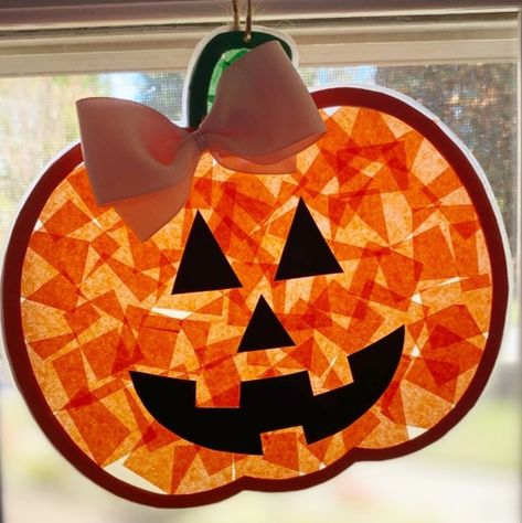 Pumpkin Suncatcher! - Pumpkin Mosaic Craft, Pumpkin Sun Catchers For Kids, Fall Suncatchers Preschool, Pumpkin Crafts For Kindergarteners, Fall Sun Catchers Preschool, Tissue Paper Pumpkin Craft, Pumpkin Window Display, Pumpkin Window Art, Fall Suncatcher Craft