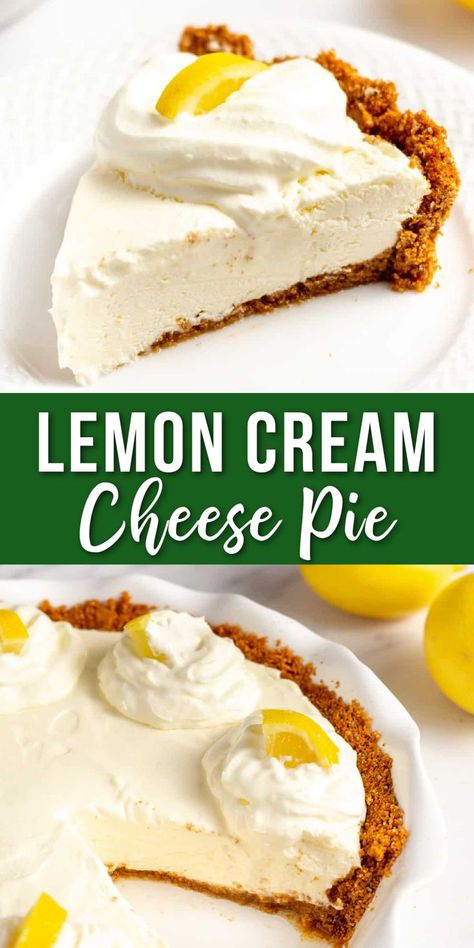 lemon cream cheese pie on a plate Lemon Pudding Cream Cheese Pie, Cream Cheese Lemon Meringue Pie, Lemon Cream Cheese Cake Filling, No Bake Lemon Pie With Cream Cheese, Lemon And Cream Cheese Recipes, Lemon Icebox Pie With Cream Cheese, Lemon Cream Cheese Pie No Bake, Cream Cheese Lemon Pie Recipe, No Bake Cream Cheese Lemonade Pie