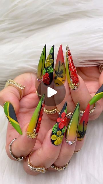 💟 Miranda Richardson on Instagram: "My first time doing a Jamaica set!! 🇯🇲
*•
When your client asks you to free style!! 🫣🥰 Love how this set came out; what do you think we should name her?! 💚💛
*•
*•
*•
*•
*•
*•
*•
*•
*•
#vacationnails #naillove #jamaicanails #nailgoals #tucsonnails #tucsonnailtech #phxnails #nailartist #nailtrends #naildesign #acrylicnails #longnails #stilletonails #nailpromote #nailpromagazine #valentinobeautypure" Jamaica Nails, Miranda Richardson, Vacation Nails, Free Style, Nail Pro, Nail Trends, Nail Artist, Nail Tech, Long Nails