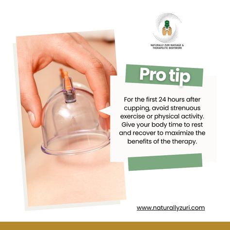 Pro Tip from Naturally Zuri Massage & Therapeutic Bodywork  
 
For the first 24 hours after cupping, avoid strenuous exercise or physical activity. Give your body time to rest and recover to maximize the benefits of the therapy.
 
Learn more and book your session at www.naturallyzuri.com
 
#CuppingTherapy #RecoveryTips #Wellness #NaturallyZuri #TherapeuticBodywork #SelfCare Cupping Massage, Time To Rest, Cupping Therapy, Pro Tip, Physical Activity, Physical Activities, Physics, Massage, The First