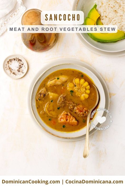 Here's a recipe for one of the most beloved Dominican dishes. We usually make it for special occasions, but you don't need any excuse to enjoy this comforting and flavorful sancocho. Dominican Soup, Dominican Sancocho Recipe, Dominican Dishes, Vegetables Stew, Sancocho Recipe, Root Vegetable Stew, Dominican Dish, Dominican Recipes, Beef Flank