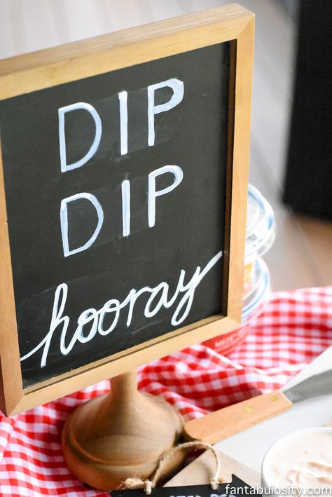 "Dip Dip Hooray!" A Dip Bar! Such a fun way to style snacks for a party. Dip Party Ideas Fun, Dip Party Invitations, Dip Bar For Wedding, Dip Buffet Table, Bring Your Own Dip Party, Chip And Dip Bar Ideas, Graduation Party Dips, Dip And Sip Party, Chip Bar Party Ideas