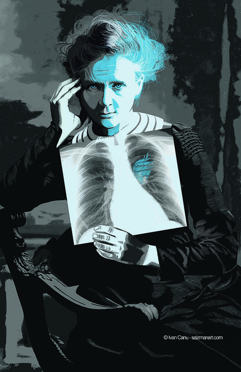 Ivan Canu illustrated a portrait of double Nobel Prize-winner Marie Curie for Cromosomaxx, an independent, international, experimental non-profit project formed by a group of illustrators to pay tribute the most important women in the history of science. Marie Curie Drawing, Marie Curie Aesthetic, Marie Curie Poster, Marie Curie Art, Maria Skłodowska Curie, Radiology Student, Famous Scientist, Marie Curie, History Of Science