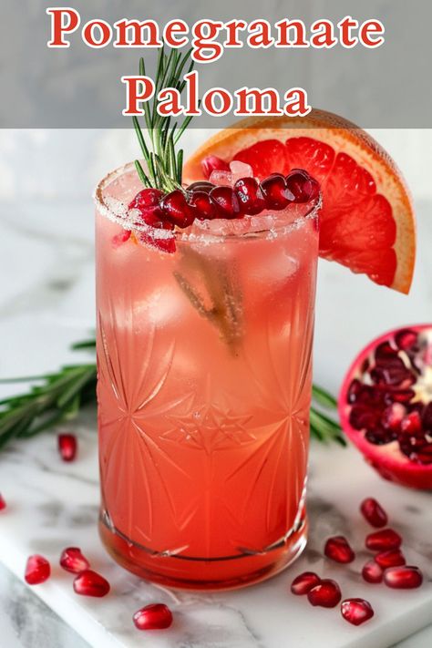 The Pomegranate Paloma is a vibrant and refreshing cocktail that blends the tartness of pomegranate and grapefruit juices with the zest of lime, the smooth kick of tequila, and a splash of fizzy club soda. Pomegranate Drinks Cocktails, Pomegranate Paloma, Pomegranate Tequila, Paloma Drink, Pomegranate Cocktail Recipes, Pomegranate Drinks, Pomegranate Cocktails, Paloma Recipe, Tequila Recipe