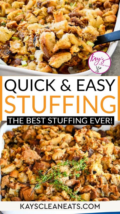 Easy Stuffing is a classic, traditional recipe. Also known as Thanksgiving Dressing, this timeless thanksgiving classic will be your new go-to stuffing recipe! Made with simple ingredients that have the most delicious results, everyone loves it! We call it stuffing, but I know some call it dressing. I guess the proper term here is dressing, considering I don’t stuff it in my bird, but we always called it stuffing growing up Make this Easy Stuffing Recipe for your holiday table! | @kayscleaneats Easy Stuffing Recipe Thanksgiving, Easy Homemade Stuffing, Homemade Stuffing Recipe, Traditional Stuffing Recipe, Homemade Stuffing Recipes, Classic Stuffing Recipe, Easy Stuffing Recipe, Dressing Recipes Thanksgiving, Best Stuffing