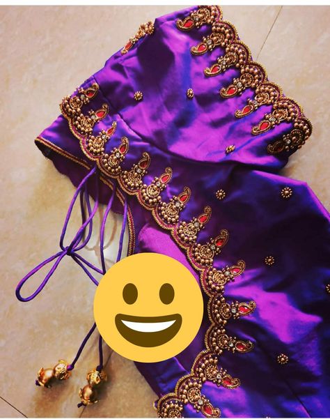 Violet Aari Work Blouse Designs, Short Sleeve Aari Work Design, Violet Blouse Designs, Violet Blouse Designs For Saree, Violet Colour Blouse Work Designs, Short Hands Maggam Work, Basic Blouse Designs, Magam Work, Blue Blouse Designs