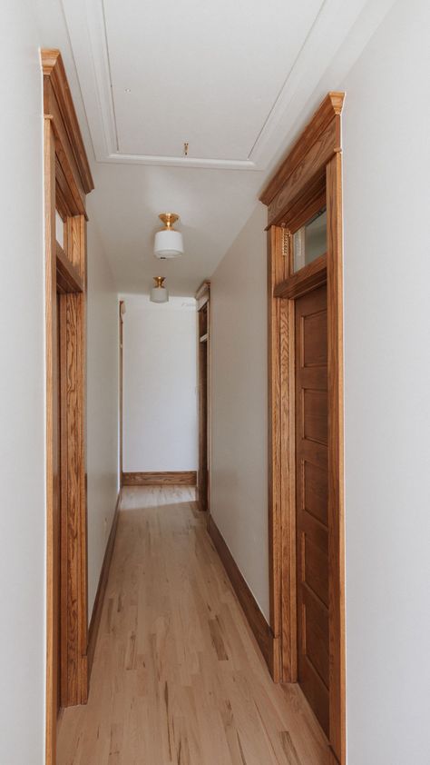 Julian Street - Victorian - Hall - Denver - by J Reiko Design + Co. | Houzz Mixed Wood And White Trim, 90s Oak Trim, Oak Floor And Doors, Wood Stain Trim Interior, Light Flooring Dark Trim, Stained Trim With White Doors, Light Wood Floors Dark Trim, Honey Oak Doors With White Trim, White Door Wood Trim