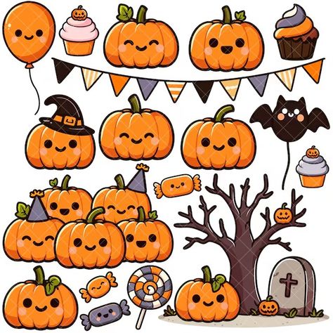 Pumpkin Kawaii, Halloween Stickers Printable, Kawaii Png, Kawaii Pumpkin, Kawaii Valentine, Imprimibles Halloween, Cricut Print And Cut, Party Png, Kawaii Christmas