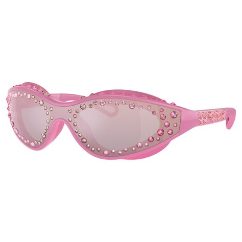 Dive into exuberant style with these Imber-inspired sunglasses. The sporty design is based on the sleek shape of swimming goggles and features innovative pink plastic frames, temples, and violet mirrored lenses, all adorned with a variety of pink crystals. Joyful touches include the rubberized temple tips and eye pads. A playful and extravagant way to bring your look to life. Pink Assessories, Pink Schiaparelli, Pink Y2k Sunglasses, Festival Goggles, Martini Outfit, Kpop Accessories, Instagram Backgrounds, Shape Ideas, Pink Noise