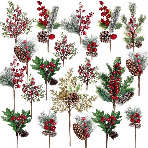 PRICES MAY VARY. PACKAGE & SIZE：Includes 20 pieces 10 different kinds of artificial Christmas picks, the length of these assorted red berry picks stem various from 7inch to 13.9inch,it’s longer and bigger compared to the others. You can twist them and adjust to the suitable height, adequate enough to match many holiday ornaments and satisfy your diverse. PREMIUM MATERIAL: These faux pine picks & spray are made of high quality plastic and foam, inside the stem is iron wire wrapped with plastic. T Tree Fillers, Holiday Floral Arrangements, Holiday Table Centerpieces, Diy Crafts Christmas, Christmas Pine Cones, Christmas Berries, Wreath Garland, Diy Xmas Gifts, Christmas Picks