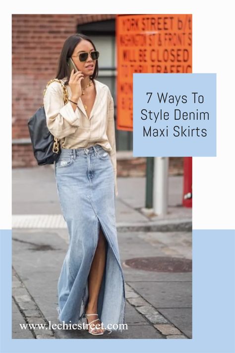 Denim Maxi Outfit 2023, Denim Maxi Skirt Summer Outfit, Style Denim Long Skirt, Denim Maxi Skirt Outfit Autumn, Long Skirt Outfits For Summer 2023, Long Jean Skirt Outfits 2023, Long Denim Skirt 2023, Jeans Long Skirt Outfit Summer, Outfits With Denim Maxi Skirt