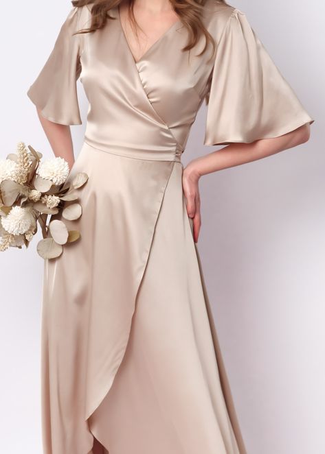 Champagne beige silk satin long wrap dress, silk dress, wrap dress, bridesmaid dress, wedding guest dress, women dress, maxi dress, evening dress, long dress Modest Silk Bridesmaid Dress, Gaun Satin Dresses, Champagne Silk Dress, Beige Silk Dress, Beige Bridesmaid Dress, Braidsmaid Dresses, Elegant Silk Dresses, Long Sleeve Maxi Dresses, Silk Bridesmaid Dresses